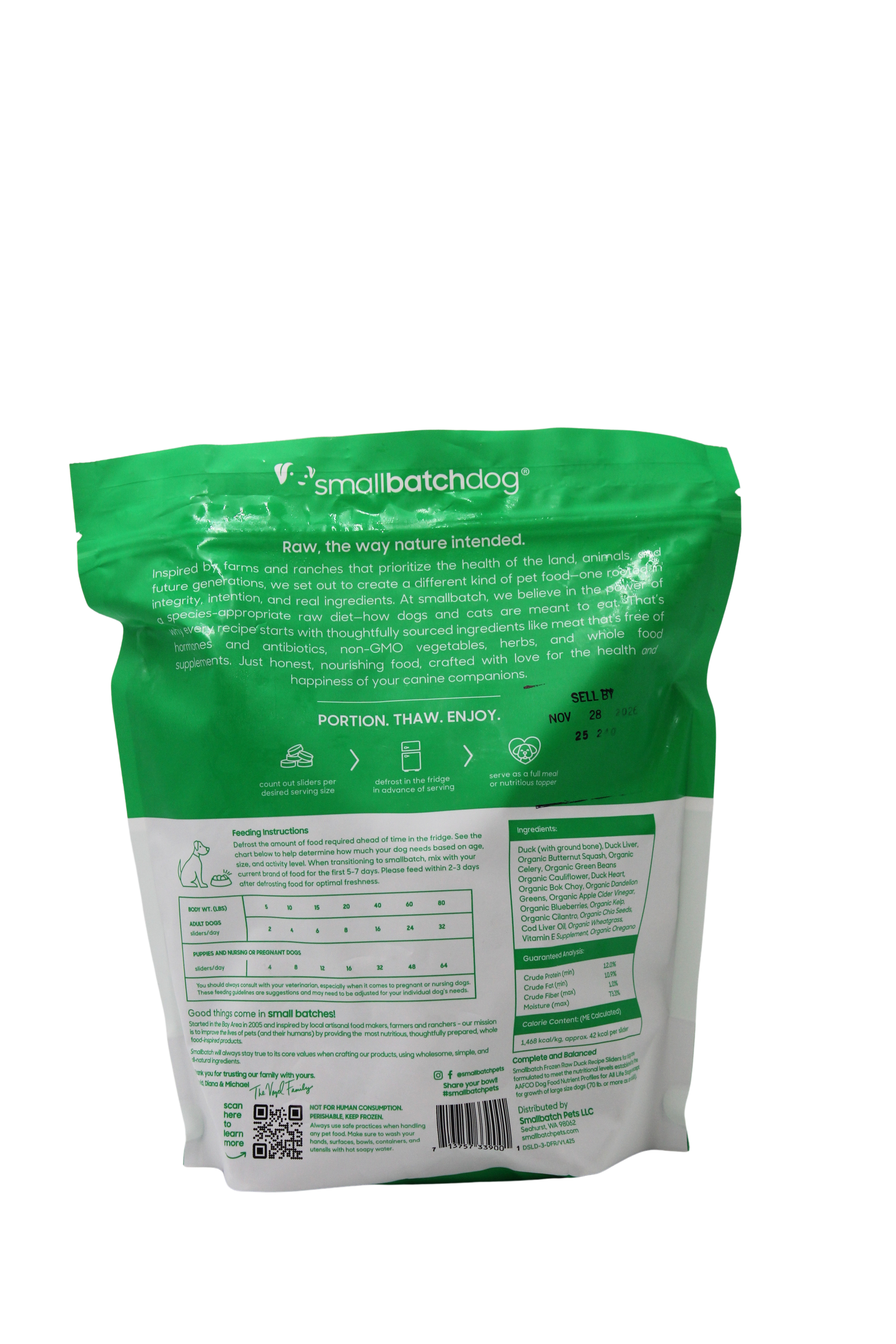 SmallBatch Raw Dog Food Duck Sliders 3lb