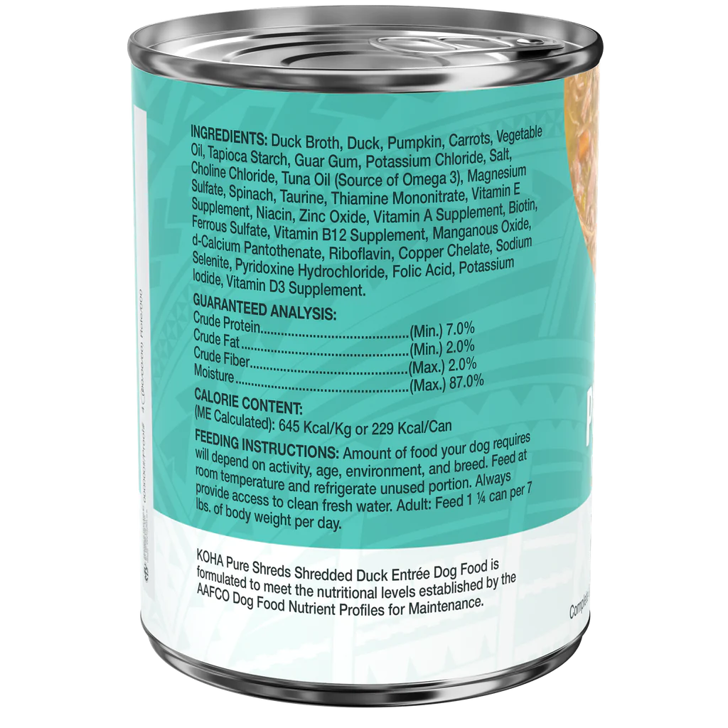 Koha Canned Dog Food Pure Shreds Duck 12.5oz