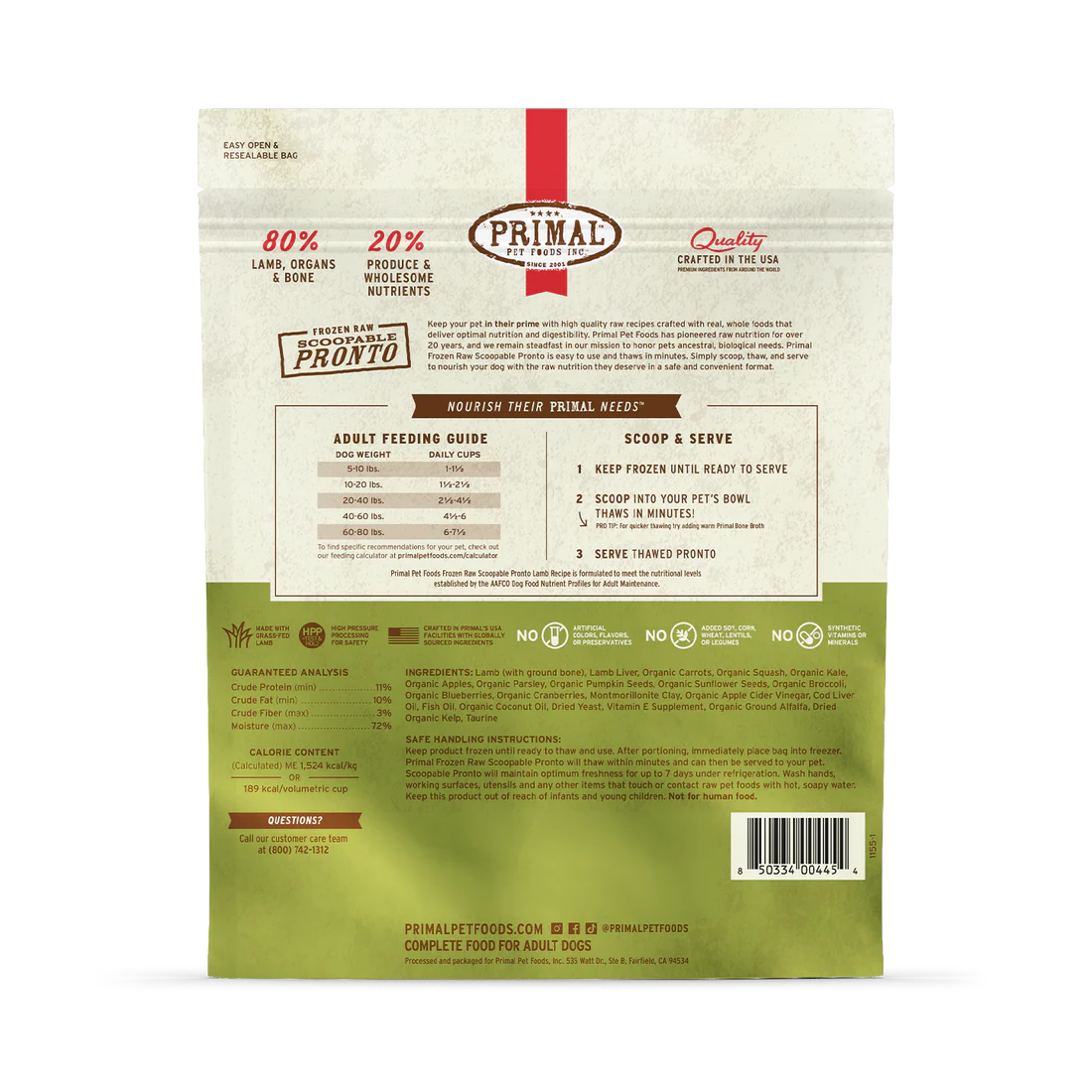 Primal Raw Dog Food Pronto Lamb Formula 4lb