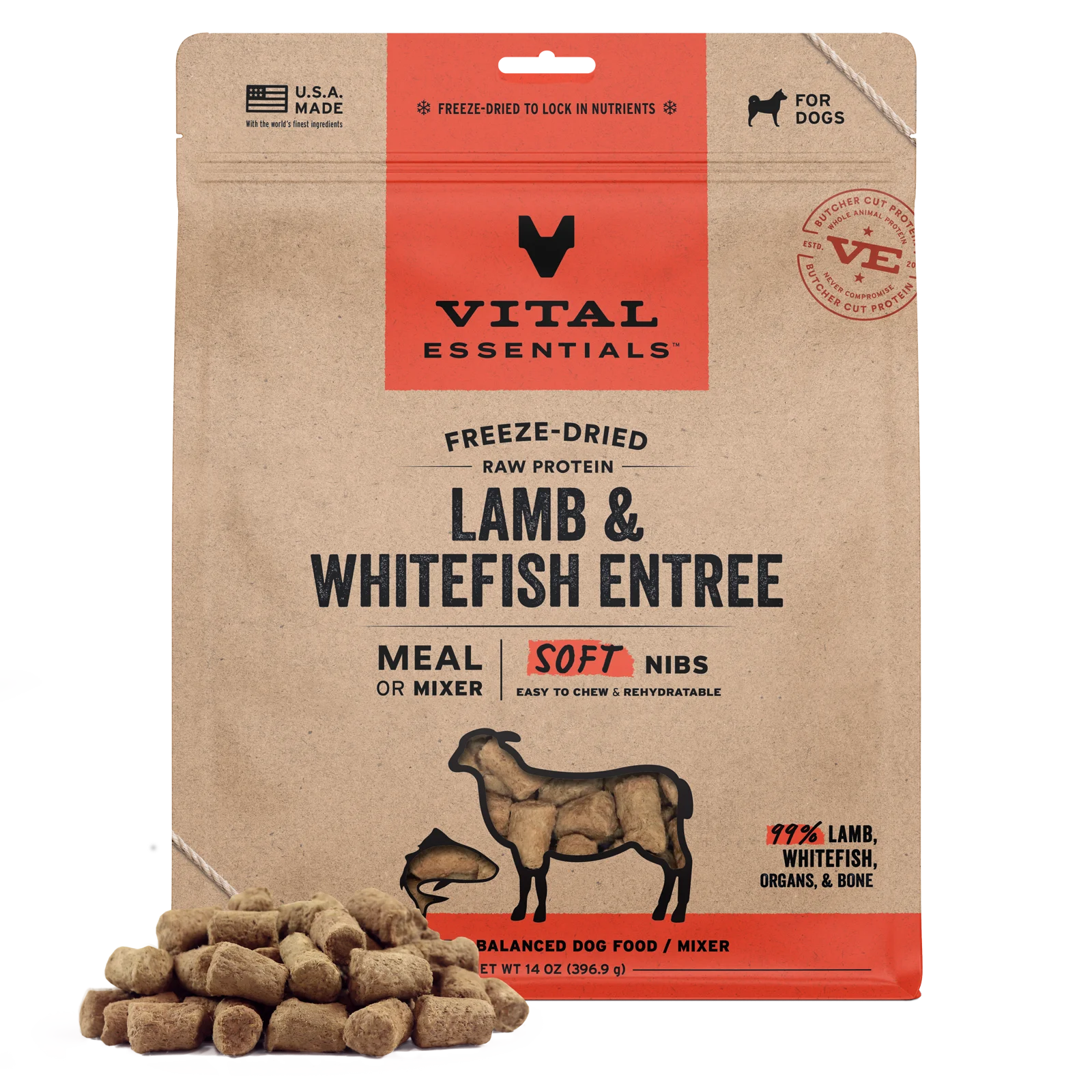 Vital Essentials Freeze Dried Soft NIBS Lamb & Whitefish 14oz