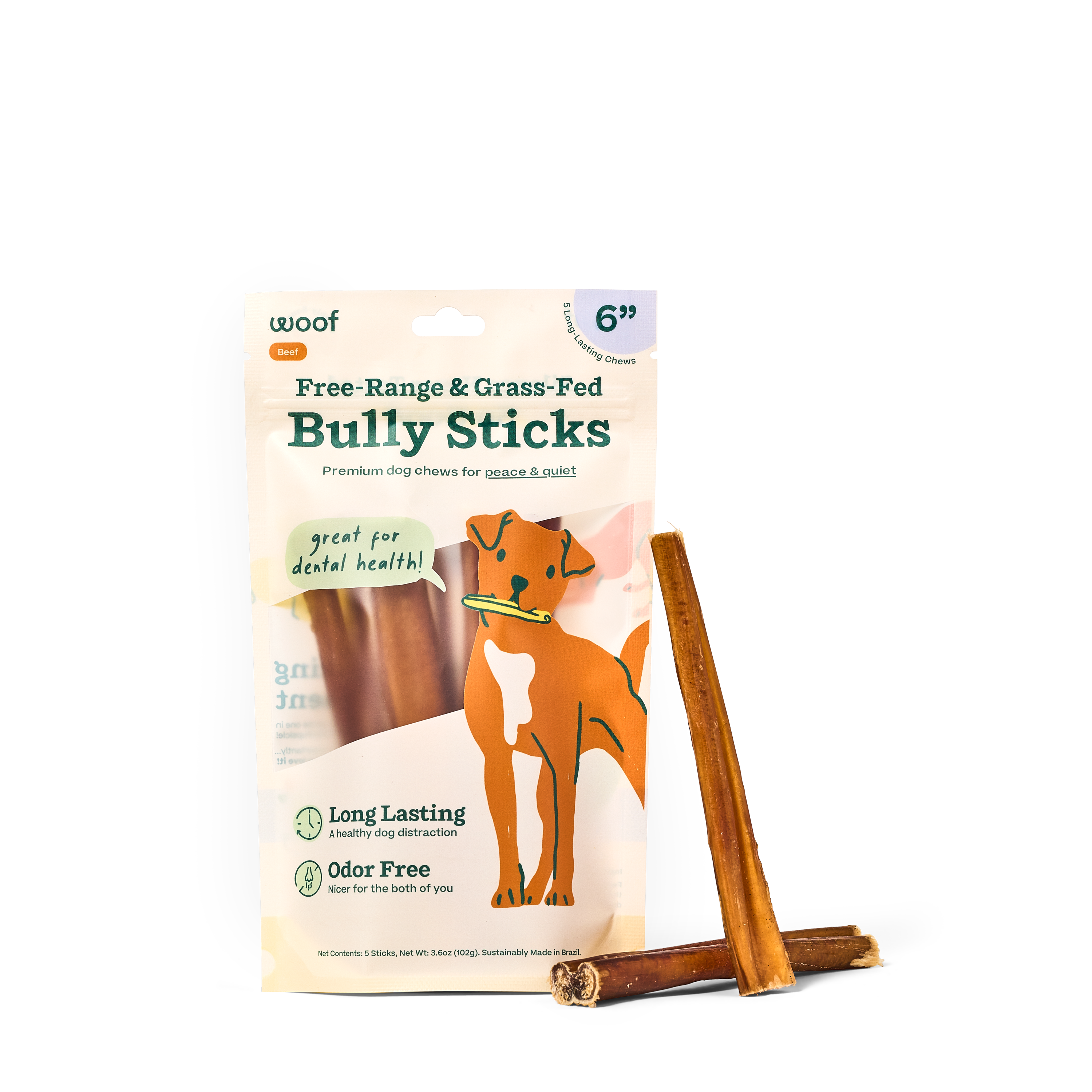 Woof BullySafe Free Range Bully Sticks 6in 5 Pack