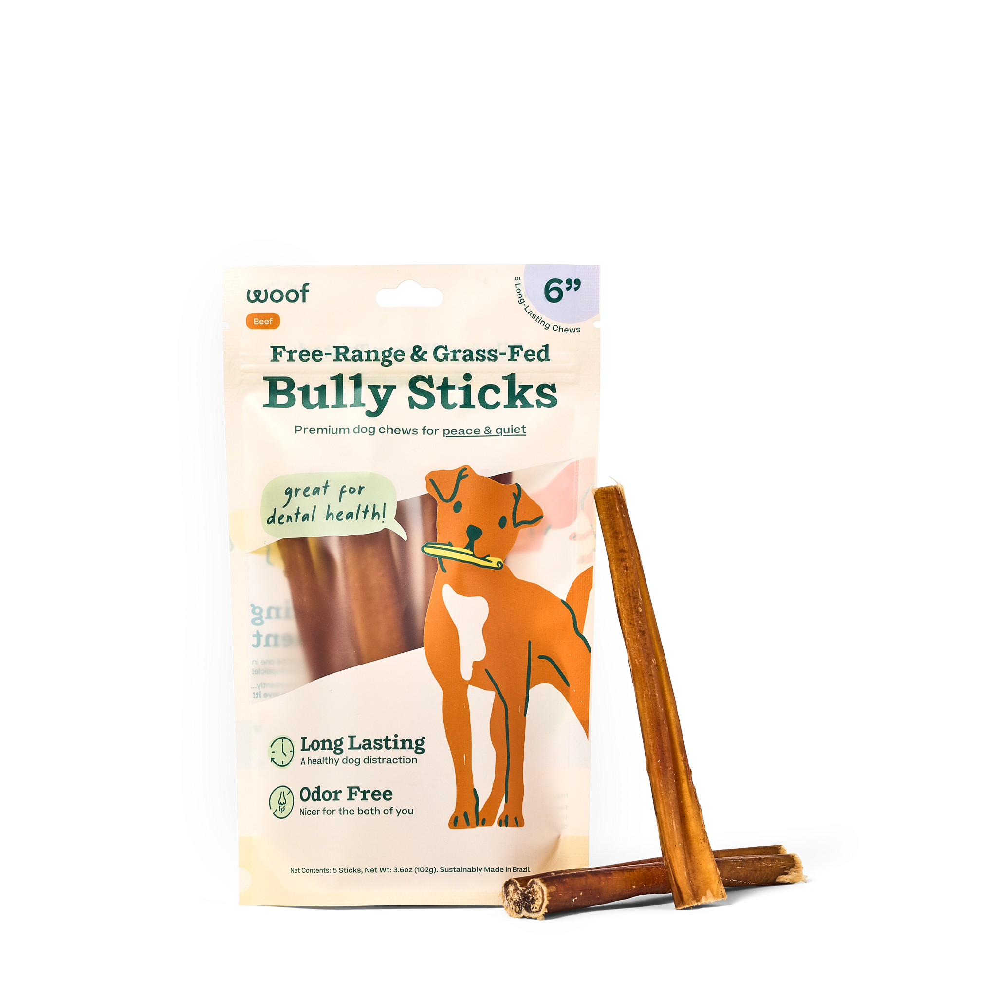 Woof BullySafe Free Range Bully Sticks 6in 5 Pack