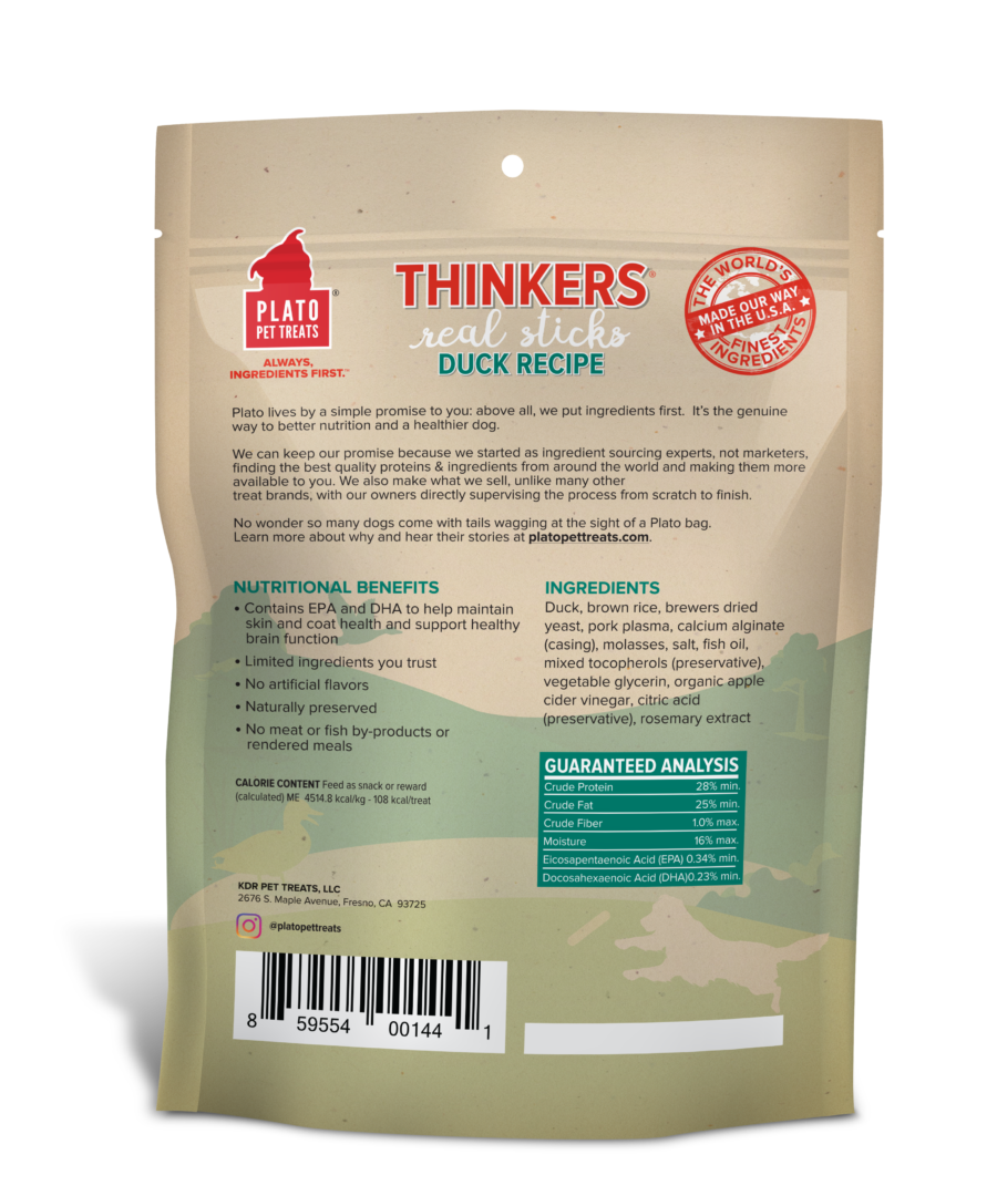 Plato Pet Treats Thinkers Real Sticks Duck
