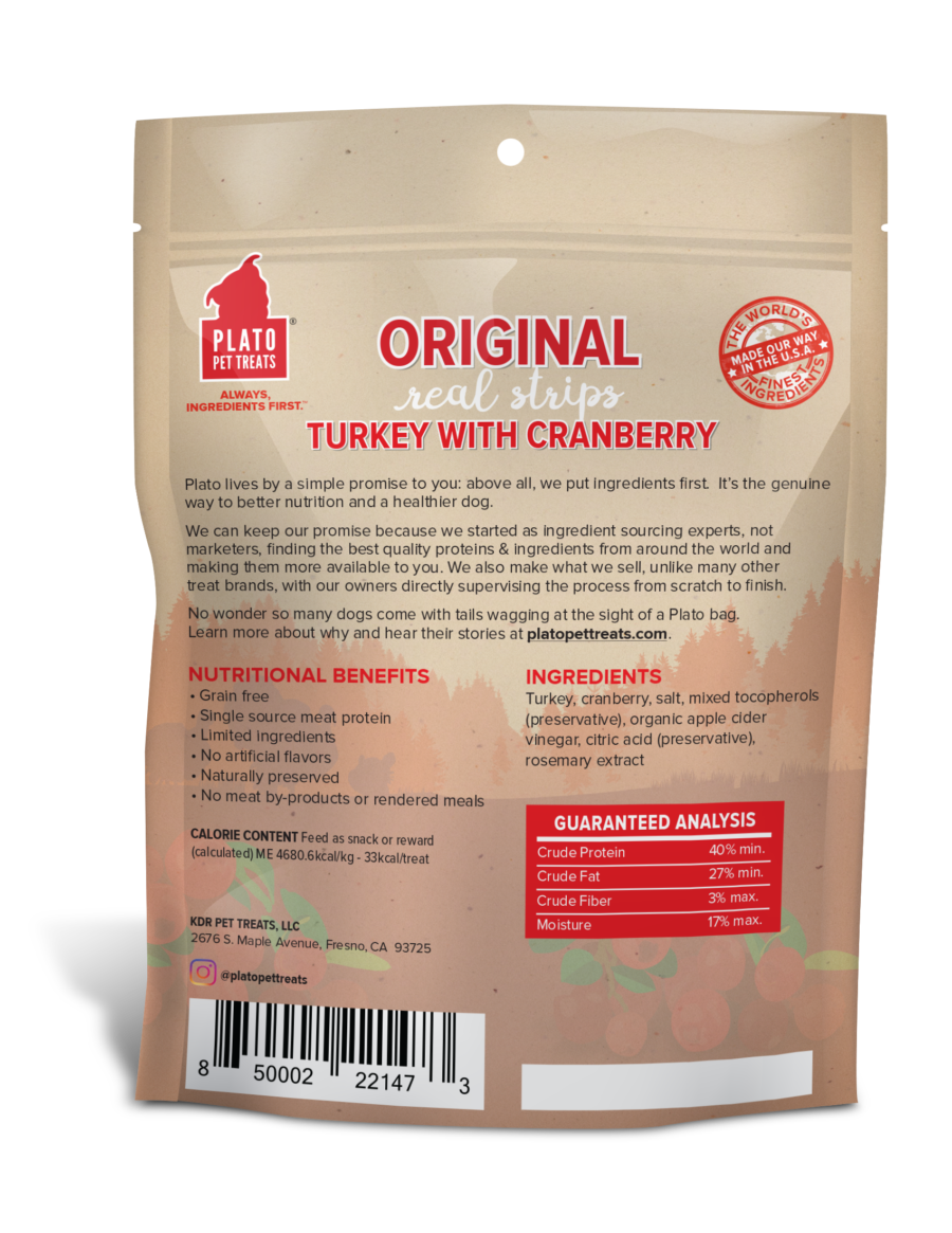 Plato Pet Treats Real Strips Turkey & Cranberry