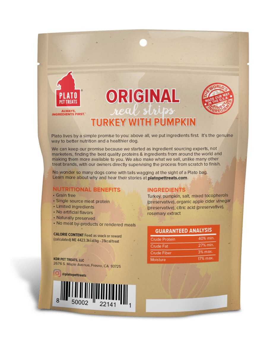 Plato Pet Treats Real Strips Turkey & Pumpkin